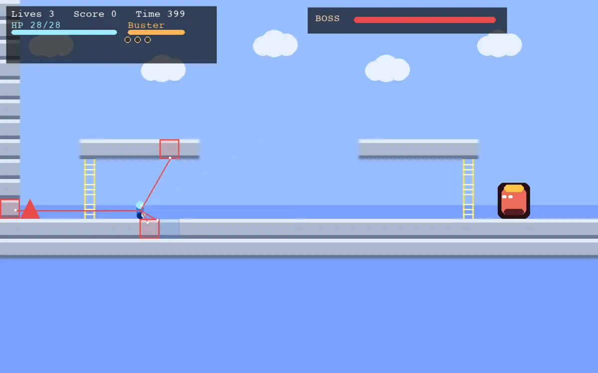 PEAK Mega Man-style stage with the debug overlay: hit boxes, ray casts, and a boss health bar